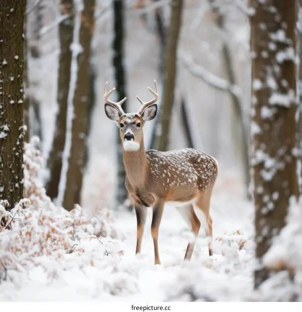 A white-tailed deer stands in the snow
