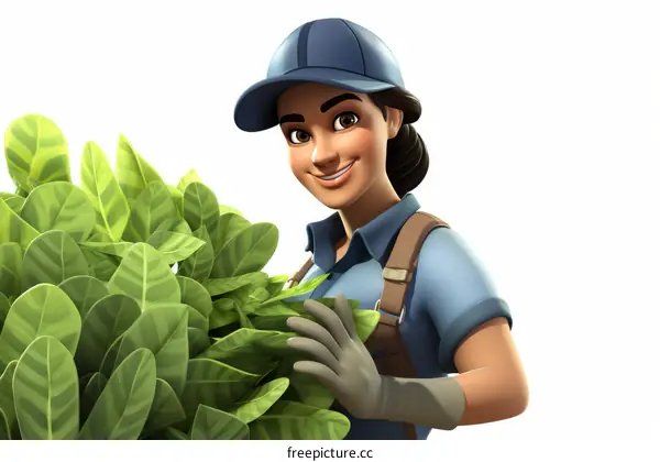 Female farmer next to a large green plant