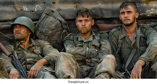 Three soldiers sitting in a trench during World War II