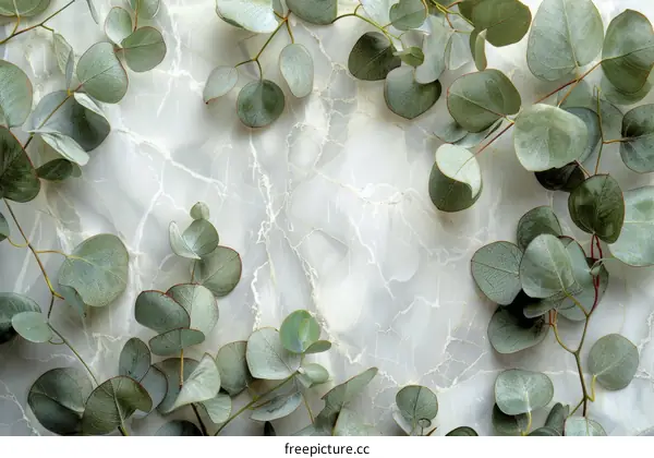 Close-up of eucalyptus leaves on marble background