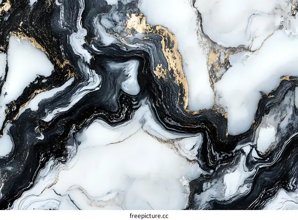 Abstract Swirling Marble Texture in White Black and Gold