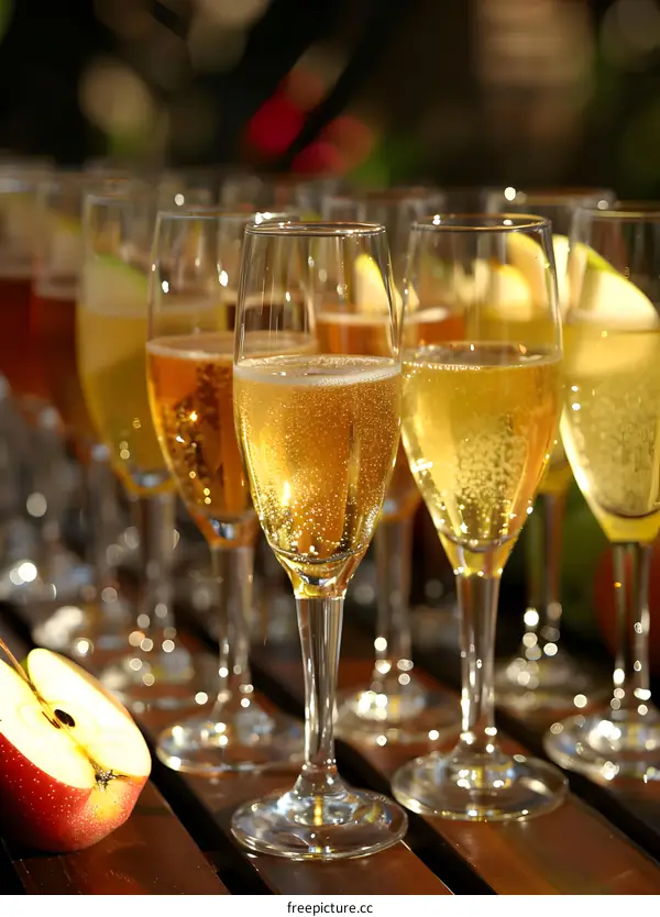 Golden Champagne Flutes with a Half Apple on a Wooden Table