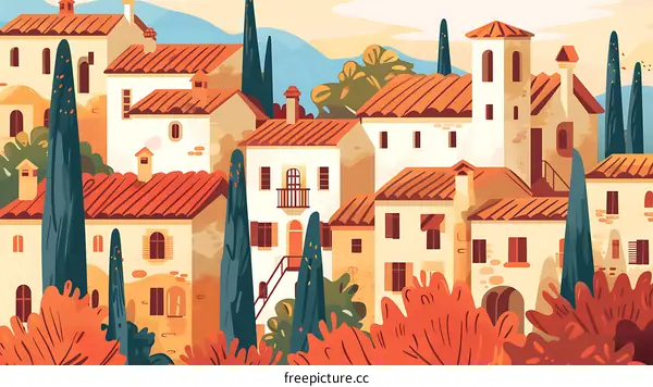 Colorful Italian Village Illustration with Red Roofs