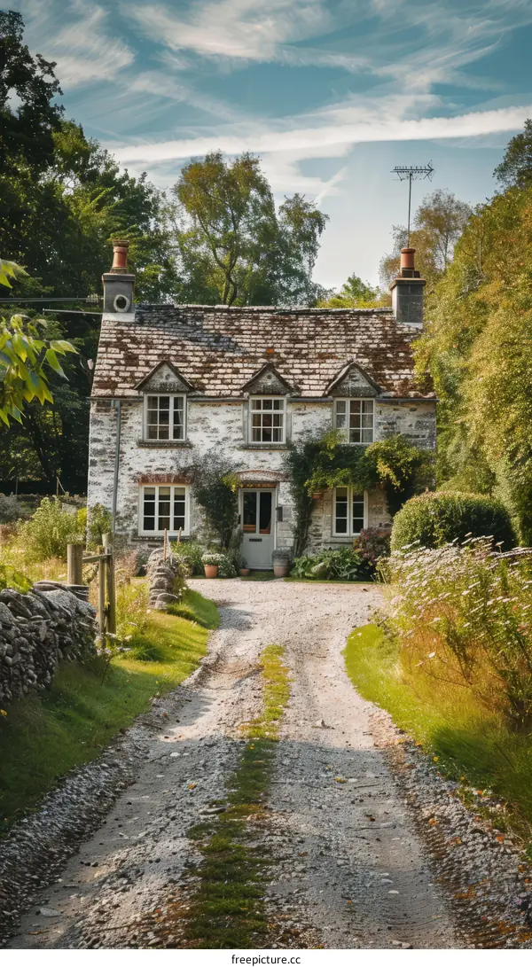Stone cottage in the countryside with a long driveway