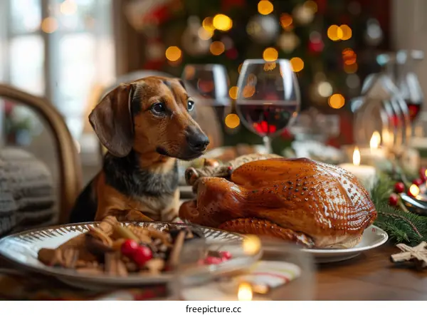 dachshund dog sitting at a table with a roasted turkey on a plate
