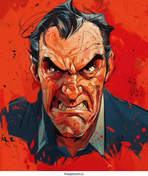 A digital painting of a mans face. The man is depicted with a scowl on his face and blood on his cheek.