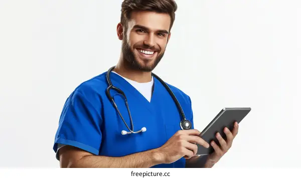 Smiling Caucasian Male Doctor with Digital Tablet