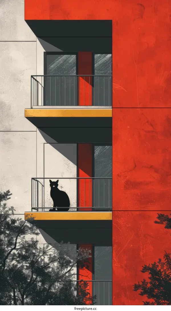 Black cat on the balcony of a colorful apartment building