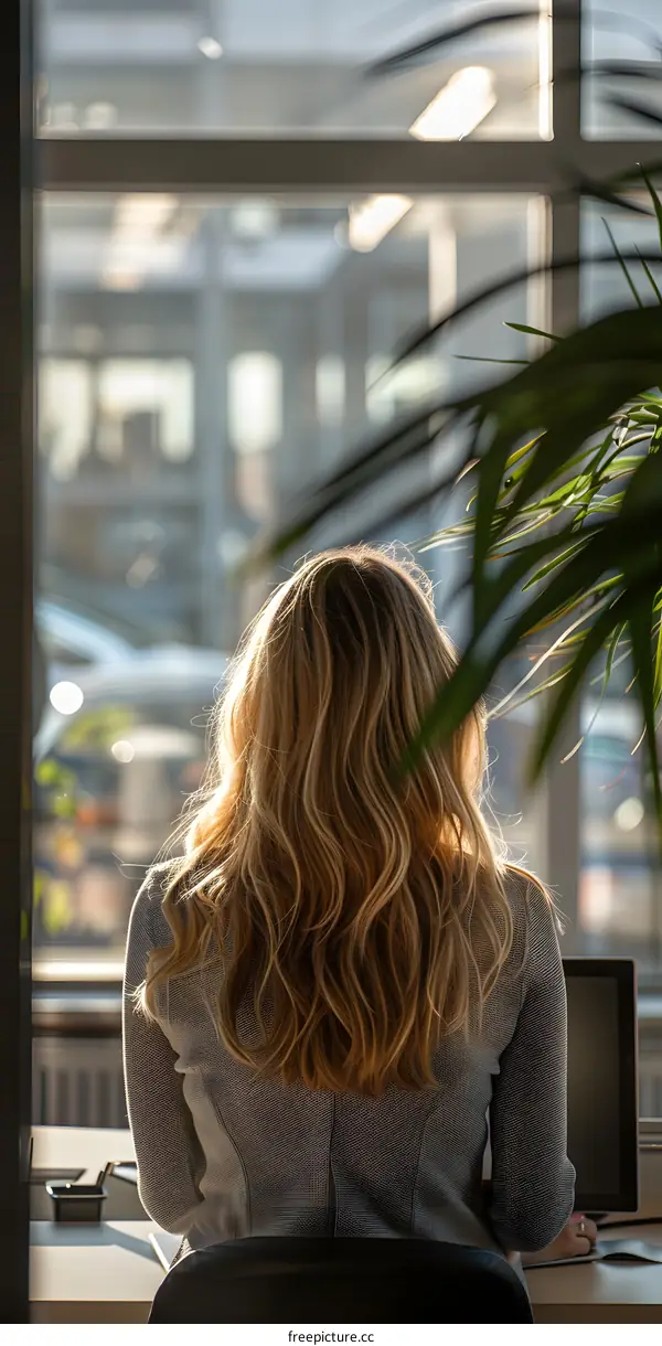 Woman with Long Blonde Hair Sitting by Window