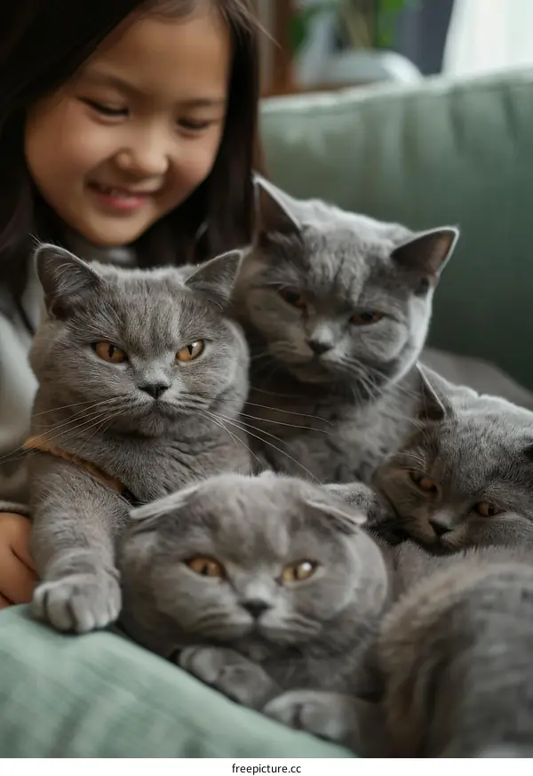 A young girl is sitting on a couch with four British Shorthair cats
