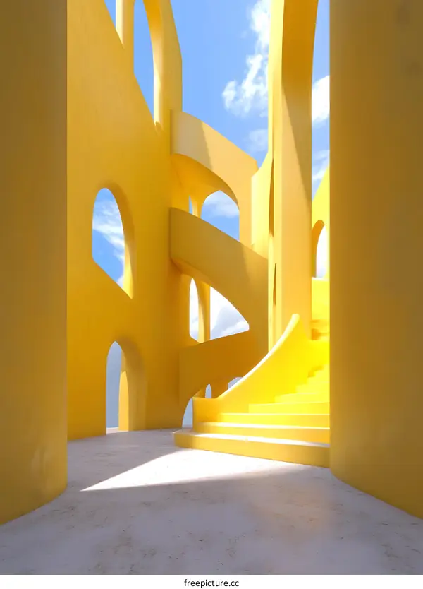 Abstract Yellow Building with Arched Windows and Stairs