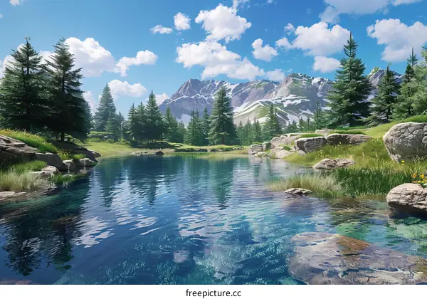 Tranquil Mountain Lake in a Valley with Verdant Trees and Snow-Capped Peaks