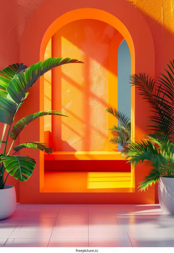 Orange Room Interior with Archway and Tropical Plants