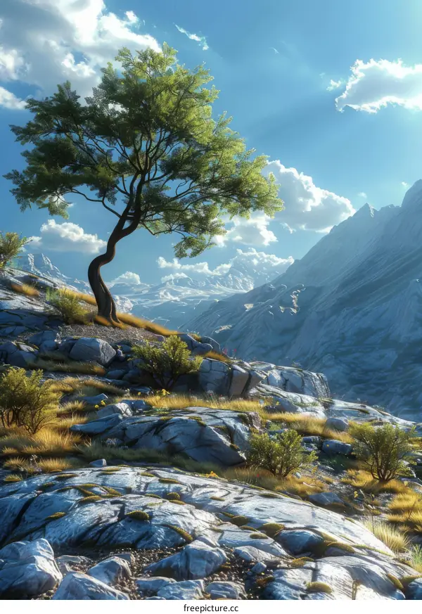 Solitary Tree on Rocky Knoll Overlooking Snowcapped Alpine Basin