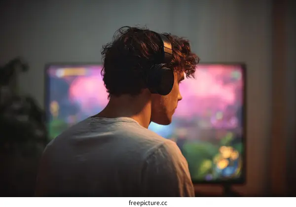 A Young Man Wearing Headphones Playing Video Game