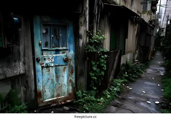 Blue Door In Old Abandoned Building With Green Plants