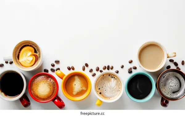 Various Coffee Varieties in Colorful Mugs