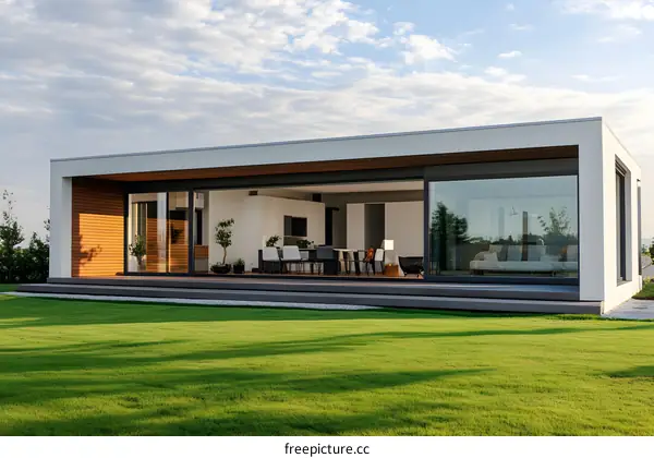 Modern White House With Large Glass Windows And Wooden Deck