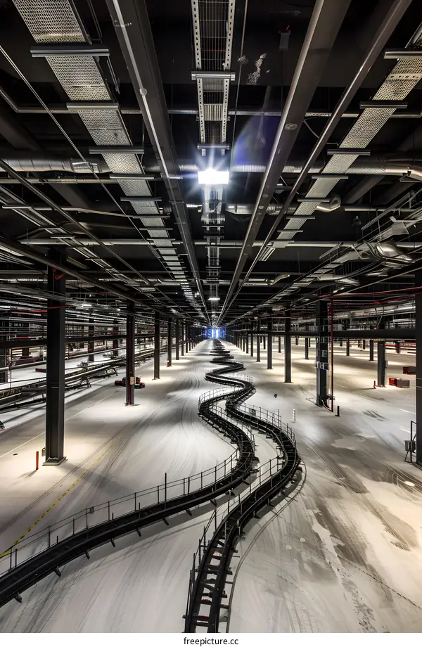 Overhead View of a Curved Track in a Large Empty Industrial Building