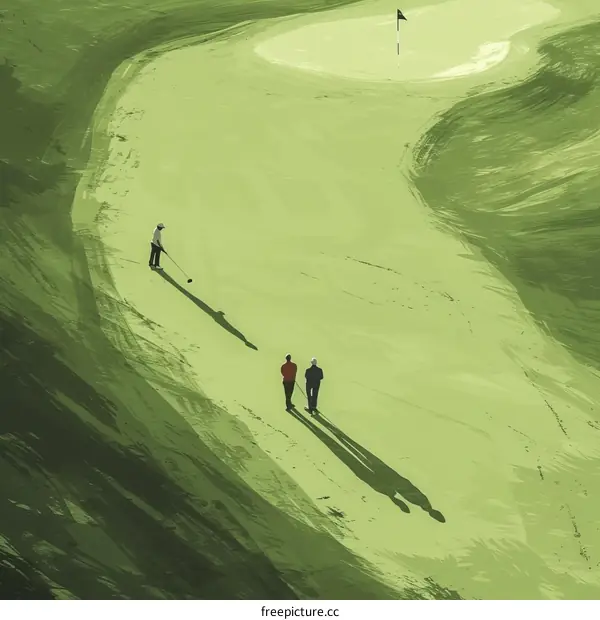 Three golfers on a green overlooking the pin