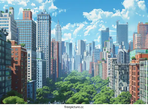 Cityscape Illustration with Lush Trees and Skyscrapers