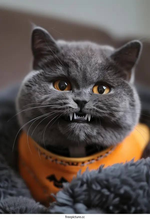 British Shorthair cat with sharp teeth