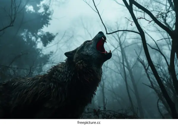 A wolf howls in the misty forest