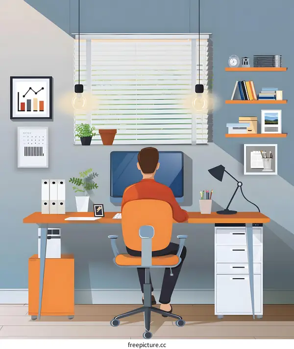 Man Working at Home Office Desk with Computer