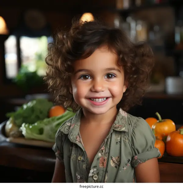 Portrait of a smiling little girl with curly hair standing in a kitchen