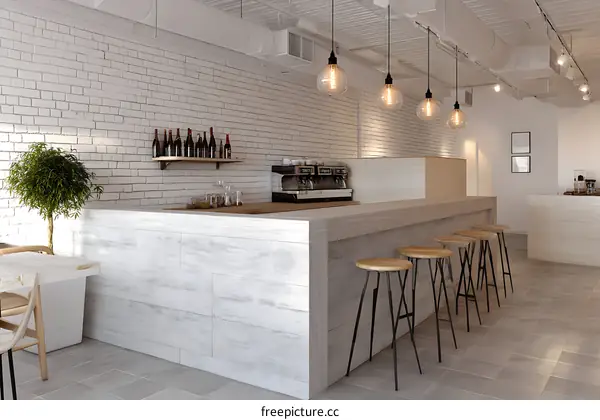 Modern Cafe Interior Design with White Brick and Wood