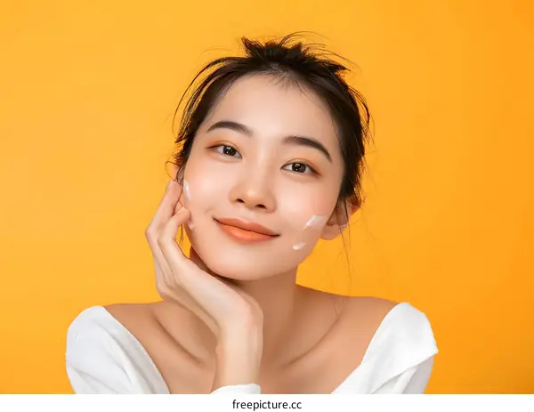 Smiling Woman Applying Cream On Her Face Against Yellow Background