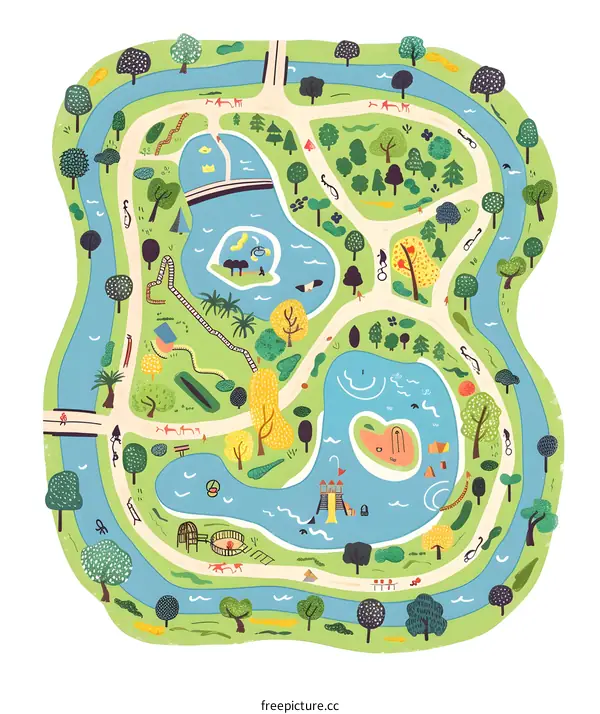 Colorful Illustration of a Park with a Winding River