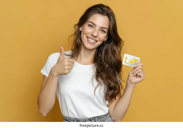 Happy woman showing credit card and giving a thumbs up