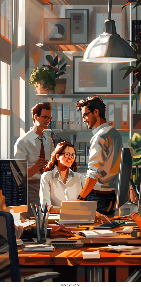 Three business people in an office are working together.