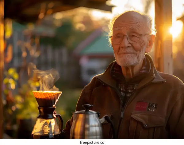 An elderly man is making coffee in the morning.
