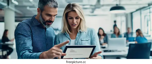 Two Colleagues Discussing Project On Tablet In Office