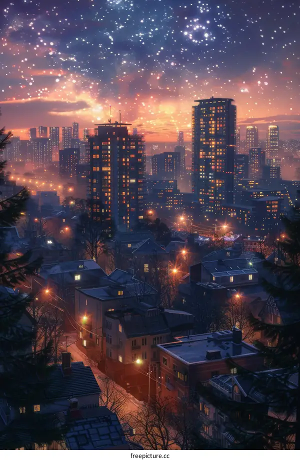 Night Cityscape with Starry Sky