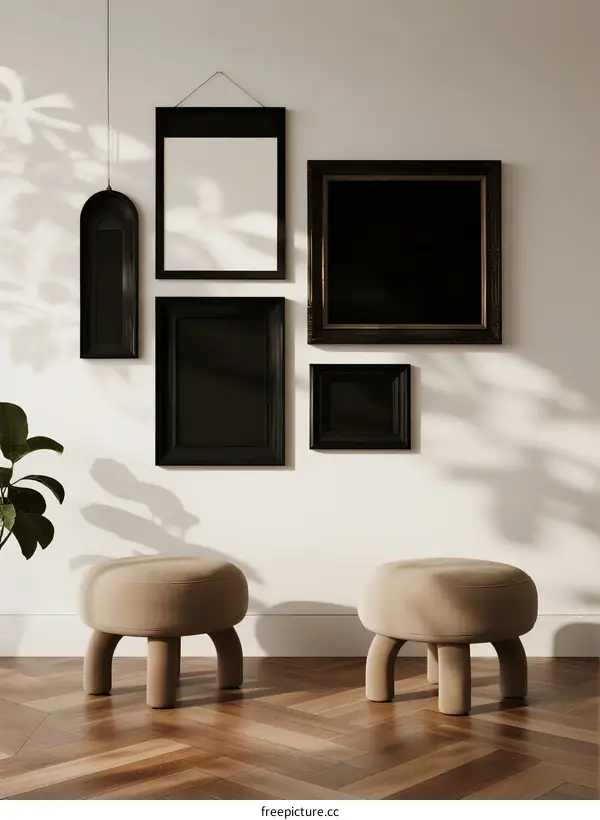 Modern Living Room with Black Frames and Beige Stools