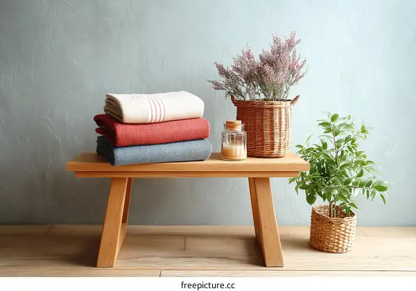 Wooden Bench with Throws and Plants in a Cozy Room