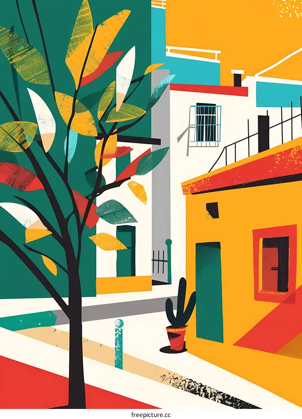 Abstract Colorful Illustration of a Building and a Tree