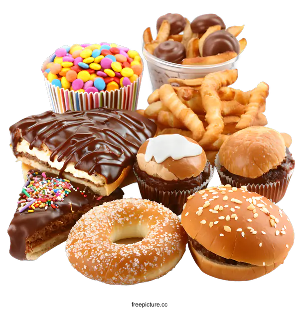 [Transparent Background PNG]Assortment of Junk Food on White Background