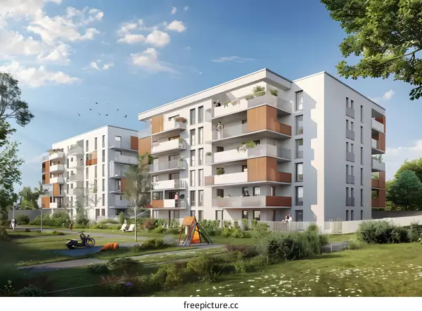Modern Apartment Building with Green Space and Playground