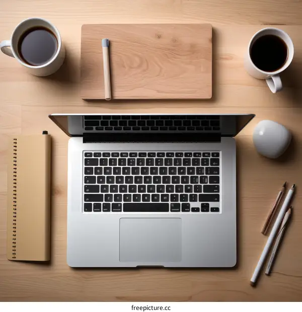 Laptop, Coffee Cups, and Notebook on a Desk: A Workspace for Productivity
