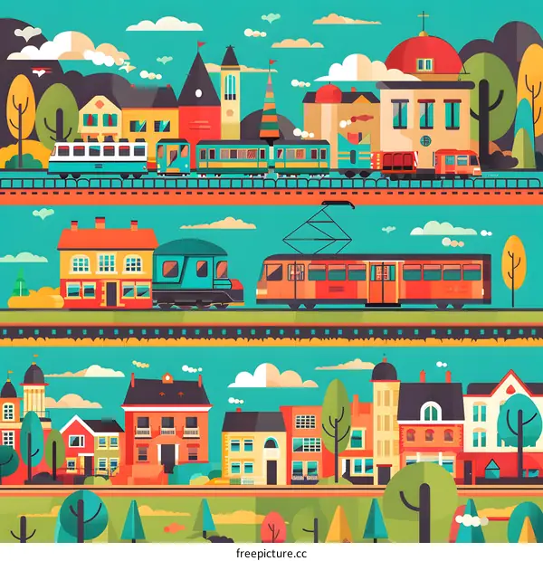 Cityscape with Trains and Buildings in Flat Style Illustration