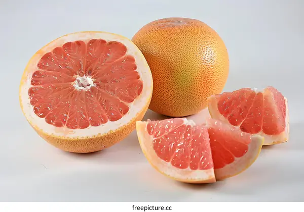 Freshly Cut Grapefruit Segments on White Background