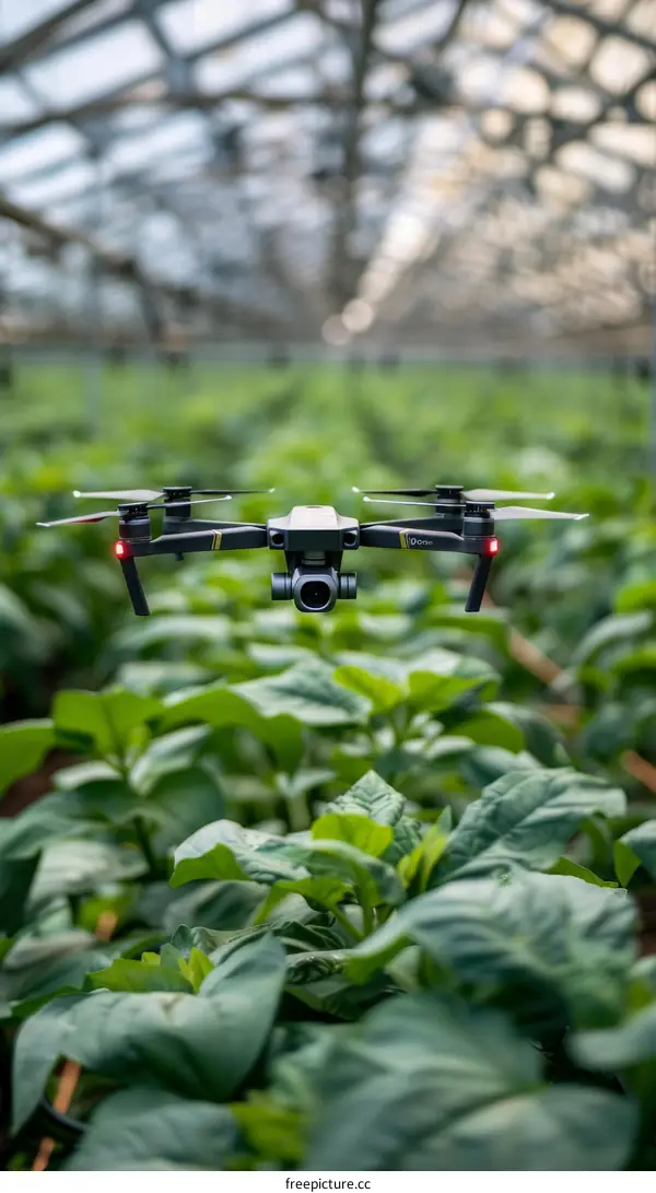 An Aerial Drone Inspects a Field of Green Crops