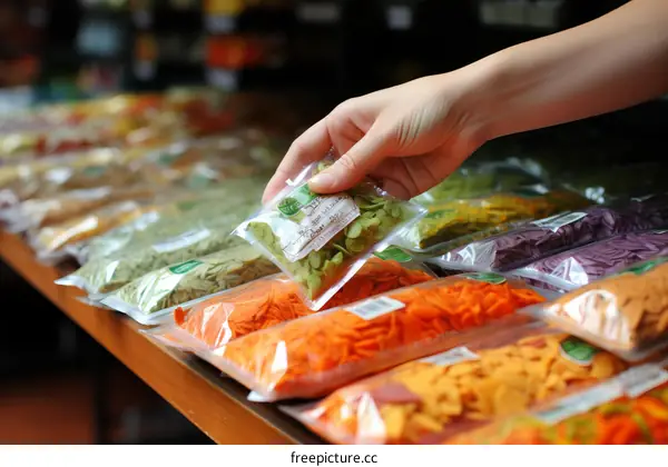 A woman's hand holding a package of green beans in a grocery store