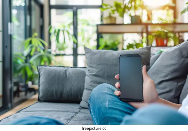 A person holding a smartphone in a living room