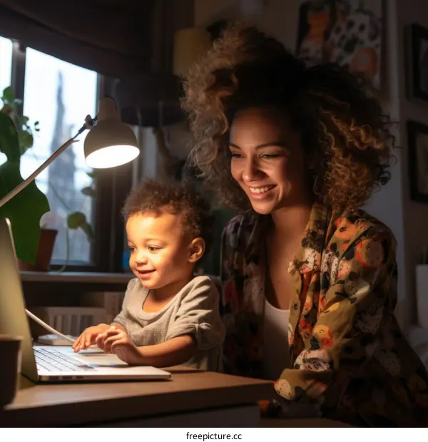 Toddler and woman using laptop together