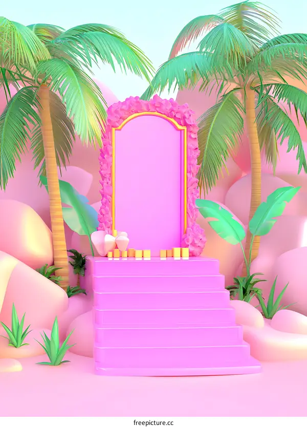 Pink Tropical 3D Background With Stairs And Palm Trees